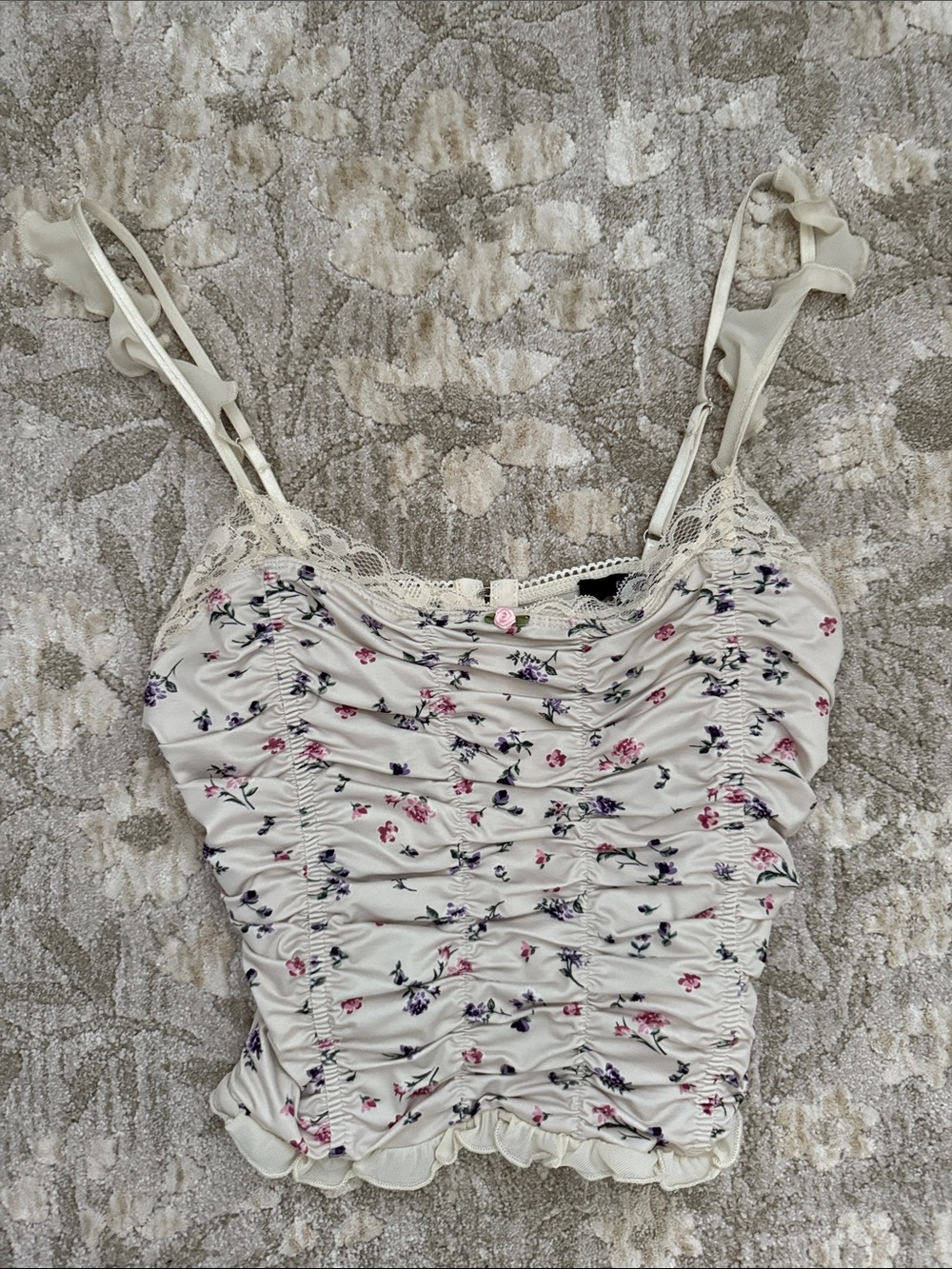 Forever 21 Cream Floral Ruched Cami with Lace Trim